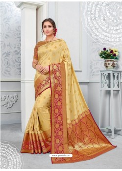 Cream Glossy Silk Party Wear Sari