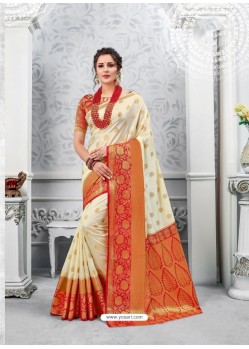 Off White Glossy Silk Party Wear Sari