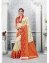 Off White Glossy Silk Party Wear Sari