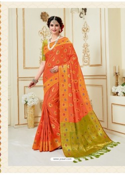 Orange Fancy Silk Party Wear Sari With Zari Work