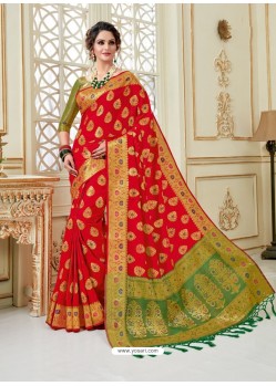 Red Fancy Silk Party Wear Sari With Zari Work