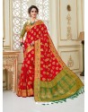 Red Fancy Silk Party Wear Sari With Zari Work