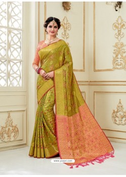 Green Fancy Silk Party Wear Sari With Zari Work