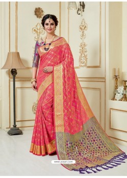 Peach Fancy Silk Party Wear Sari With Zari Work