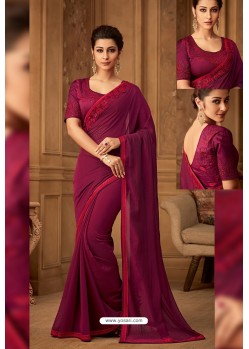 Wine Latest Designer Silk Party Wear Sari For Girls