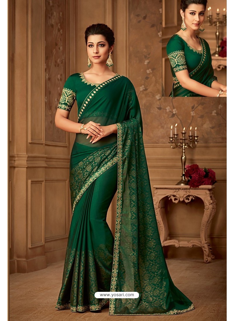 Latest Designer Sarees for Wedding Party in Green with Yellow Blouse