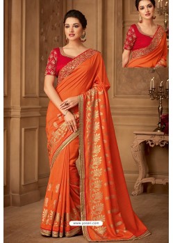 Orange Latest Designer Silk Party Wear Sari For Girls