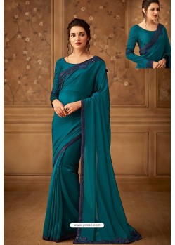 Teal Blue Latest Designer Silk Party Wear Sari For Girls