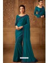 Teal Blue Latest Designer Silk Party Wear Sari For Girls