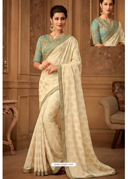 Off White Latest Designer Silk Party Wear Sari For Girls