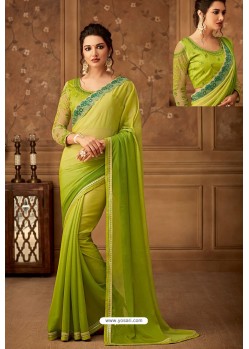 Parrot Green Latest Designer Silk Party Wear Sari For Girls