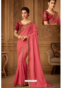 Peach Latest Designer Silk Party Wear Sari For Girls