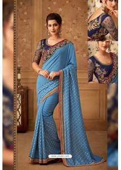 Blue Latest Designer Silk Party Wear Sari For Girls