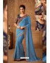 Blue Latest Designer Silk Party Wear Sari For Girls