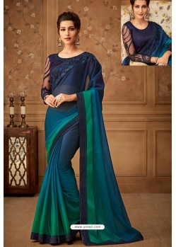 Navy Blue Latest Designer Silk Party Wear Sari For Girls