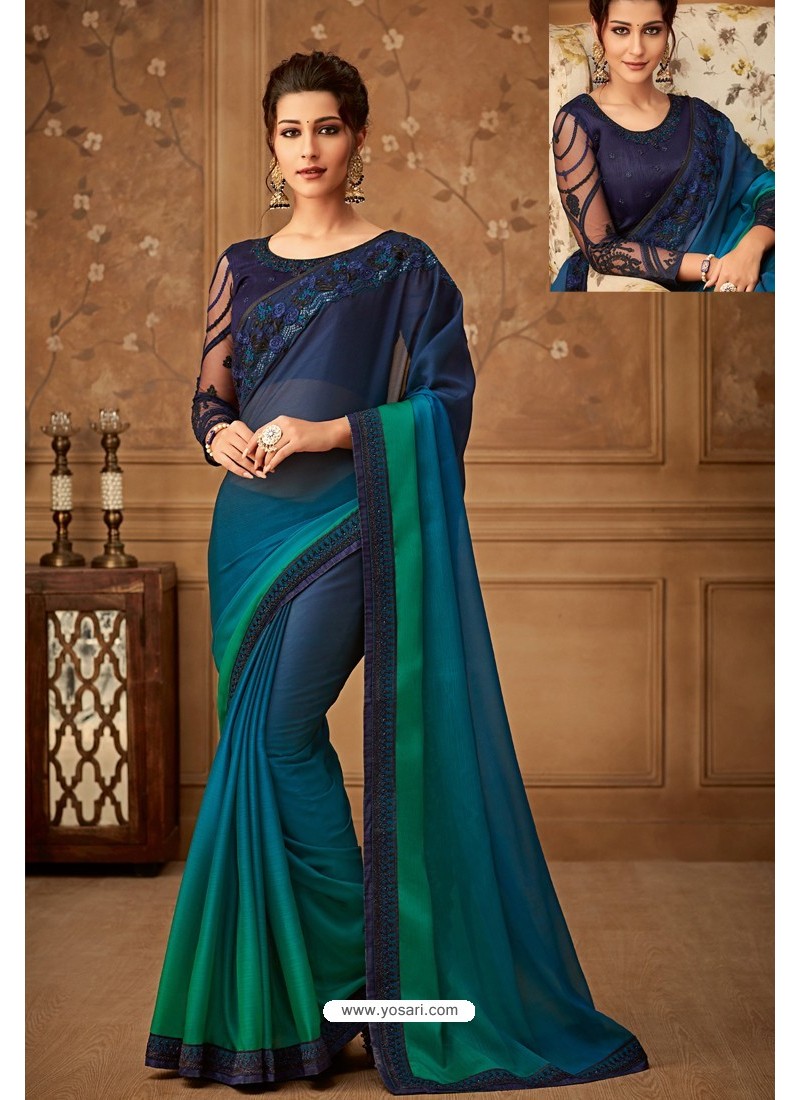 Buy Navy Blue Latest Designer Silk Party Wear Sari For Girls ...