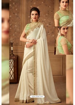 Off White Latest Designer Silk Party Wear Sari For Girls