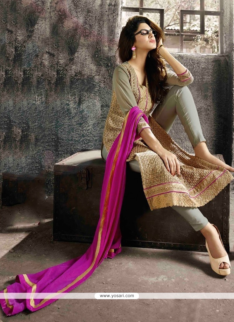 Beige And Grey Georgette Pant Style Suit