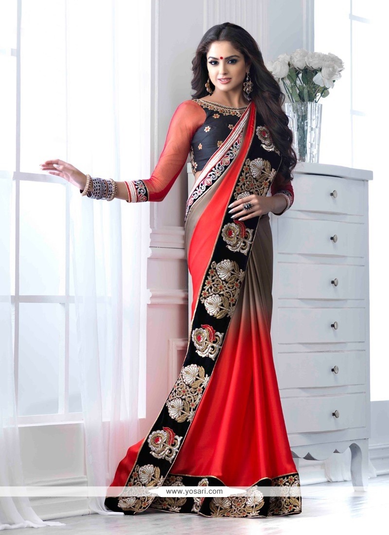 Red And Brown Shaded Satin Chiffon Designer Saree