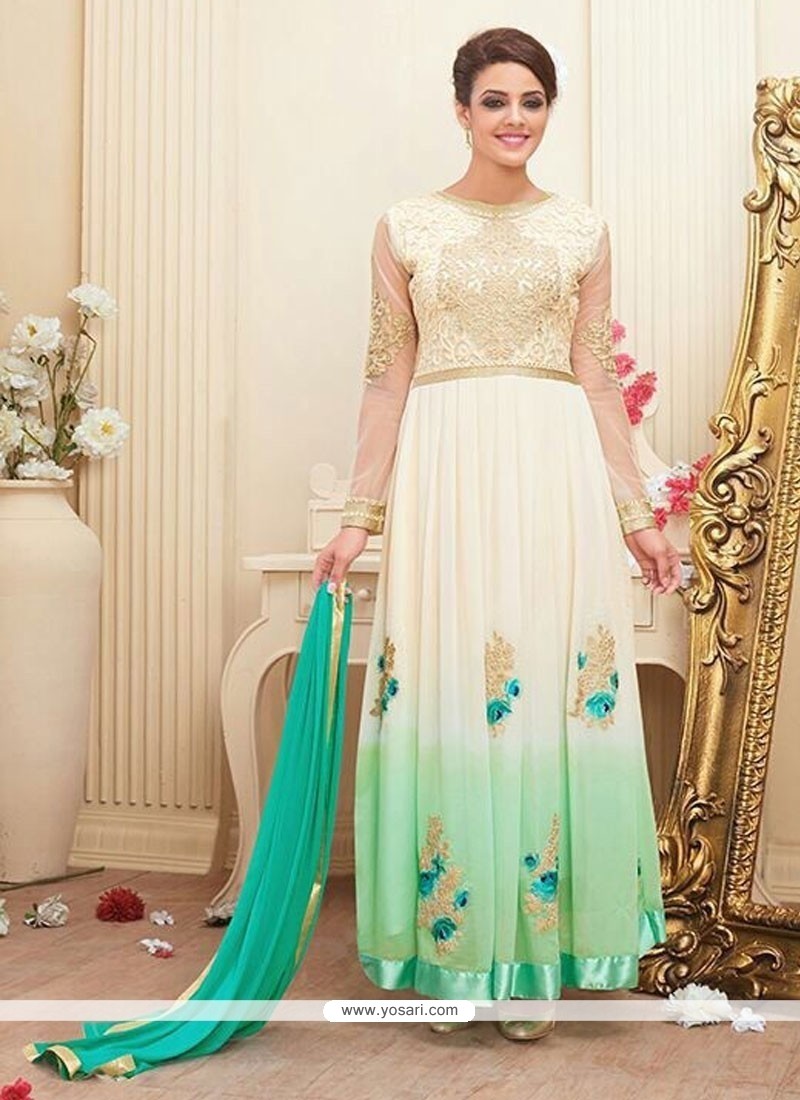 White And Green Shaded Georgette Anarkali Suit