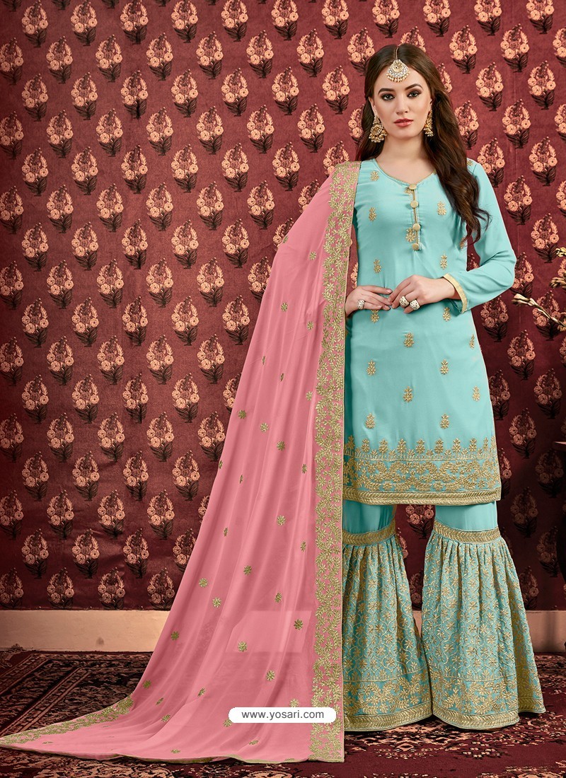Yellow & Sky Blue Pant Style Suit With Dupatta