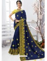 Navy Blue Designer Moss Chiffon Party Wear Sari