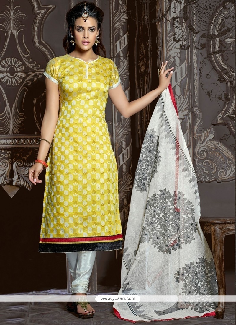 Simplistic Yellow Resham Work Churidar Suit