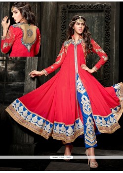 Pretty Red Georgette Pant Style Suit