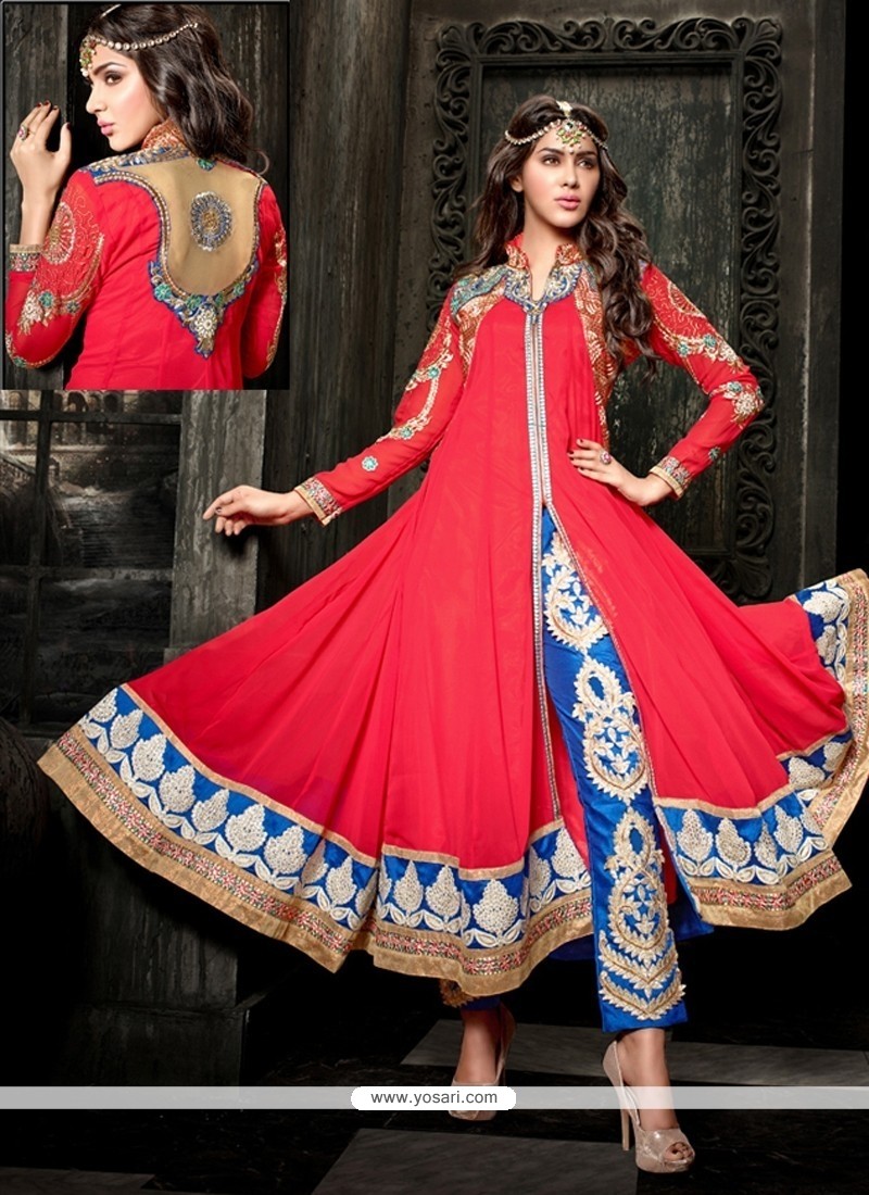 Pretty Red Georgette Pant Style Suit