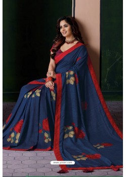 Peacock Blue Designer Casual Wear Silk Sari