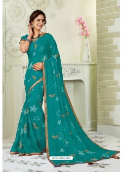 Turquoise Designer Casual Wear Chiffon Sari