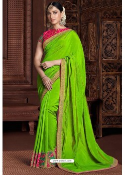Parrot Green Designer Party Wear Silk Sari