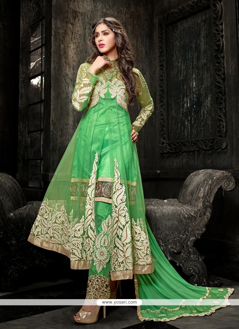 Embellished Green Soft Net Pant Style Suit