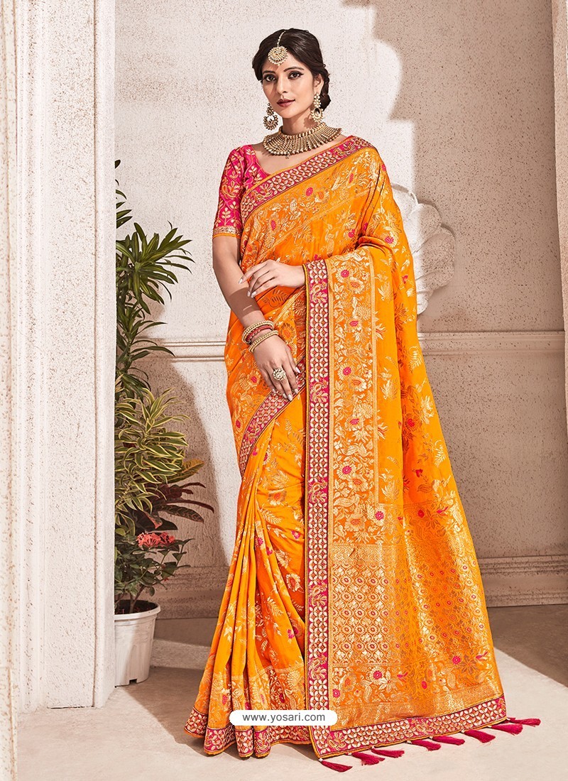 Buy Orange Heavy Banarasi Silk Wedding Sari  Wedding  Sarees