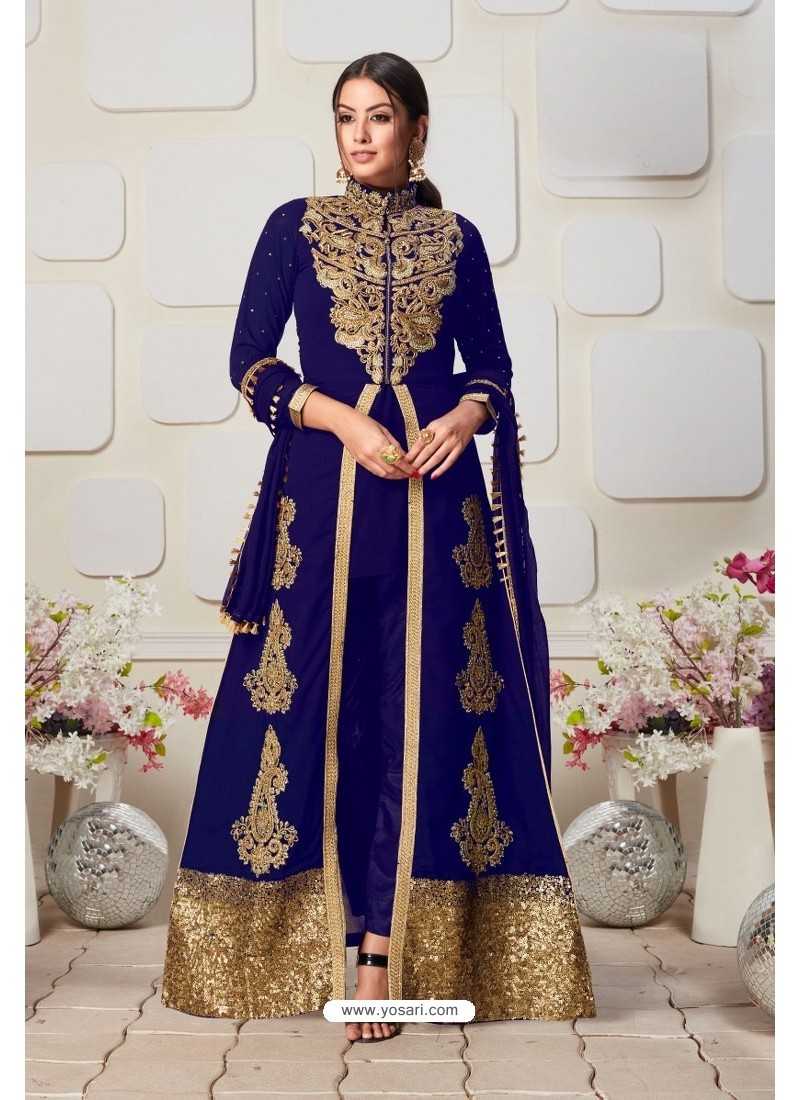 Buy Royal Blue Heavy Embroidered Designer Faux Georgette Anarkali Suit ...