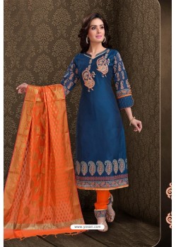 Dark Blue Embroidered Designer Chanderi Silk Churidar Salwar Suit