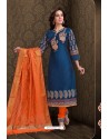 Dark Blue Embroidered Designer Chanderi Silk Churidar Salwar Suit