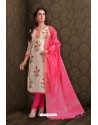 Off White Embroidered Designer Chanderi Silk Churidar Salwar Suit