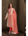 Off White Embroidered Designer Chanderi Silk Churidar Salwar Suit