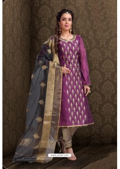 Purple Embroidered Designer Chanderi Silk Churidar Salwar Suit