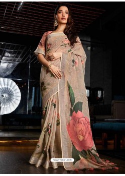 Light Beige Designer Casual Wear Cotton Linen Sari