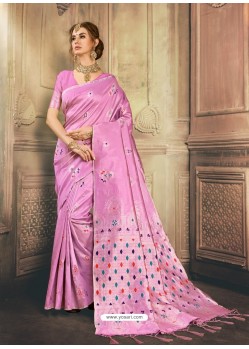 Light Pink Heavy Embroidered Designer Kanjivaram Art Silk Sari