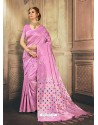 Light Pink Heavy Embroidered Designer Kanjivaram Art Silk Sari