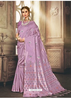 Lavender Heavy Embroidered Designer Kanjivaram Art Silk Sari