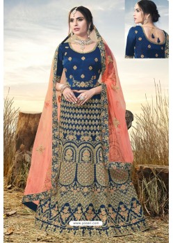 Dark Blue Heavy Embroidered Naylon Satin Wedding Lehenga Choli