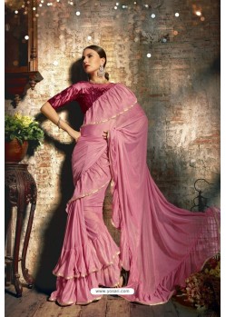 Light Pink Pure China Heavy Party Wear Ruffle Sari