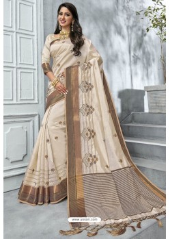 Off White Designer Casual Wear Raw Silk Sari