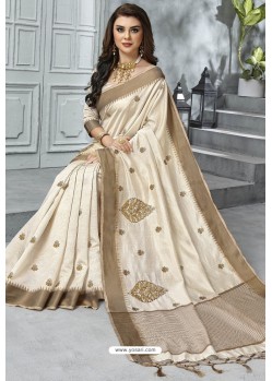 Stunning Off White Designer Casual Wear Raw Silk Sari