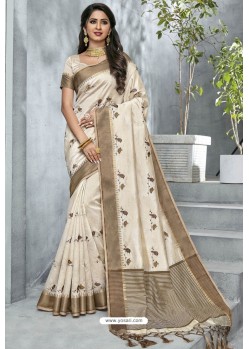 Elegant Off White Designer Casual Wear Raw Silk Sari