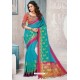 Turquoise Designer Cotton Silk Party Wear Sari